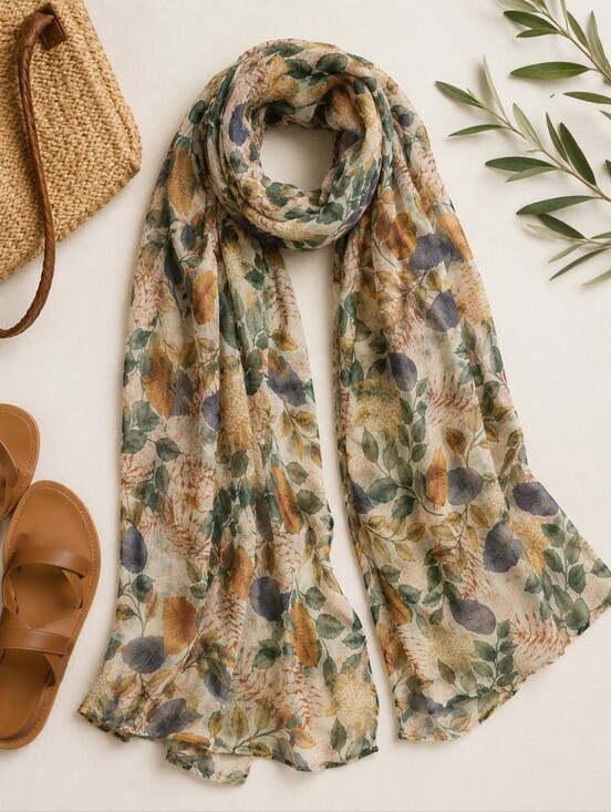 Accessories - Lightweight Floral Print Scarf - Neutral Green & Blue